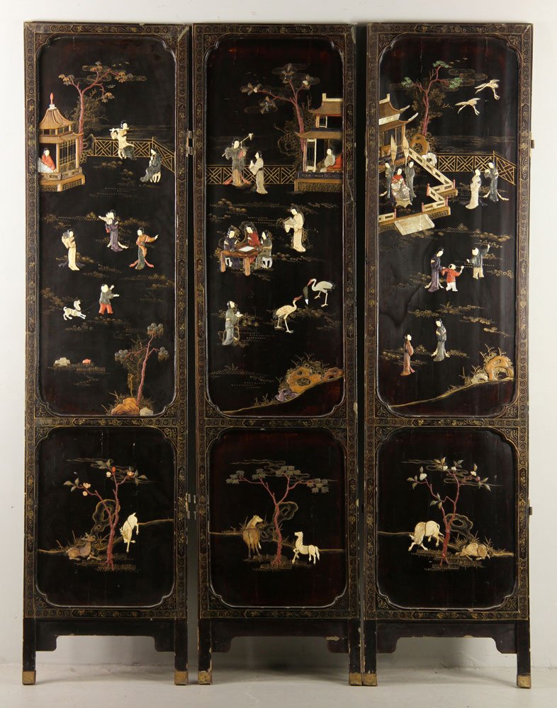 Chinese Three-Panel Screen: Chinese three-panel screen, with carved bas relief details, 72" h, each panel 17 3/4" w. Provenance: From a California estate.
