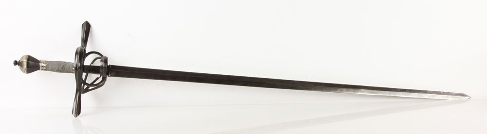 17th C. Style Saxon Rapier: 17th century style Saxon rapier, with silver wire wrapped grip, silver ferrule and overlaid pommel, blue cross guard, old blade. Provenance: From a California estate.