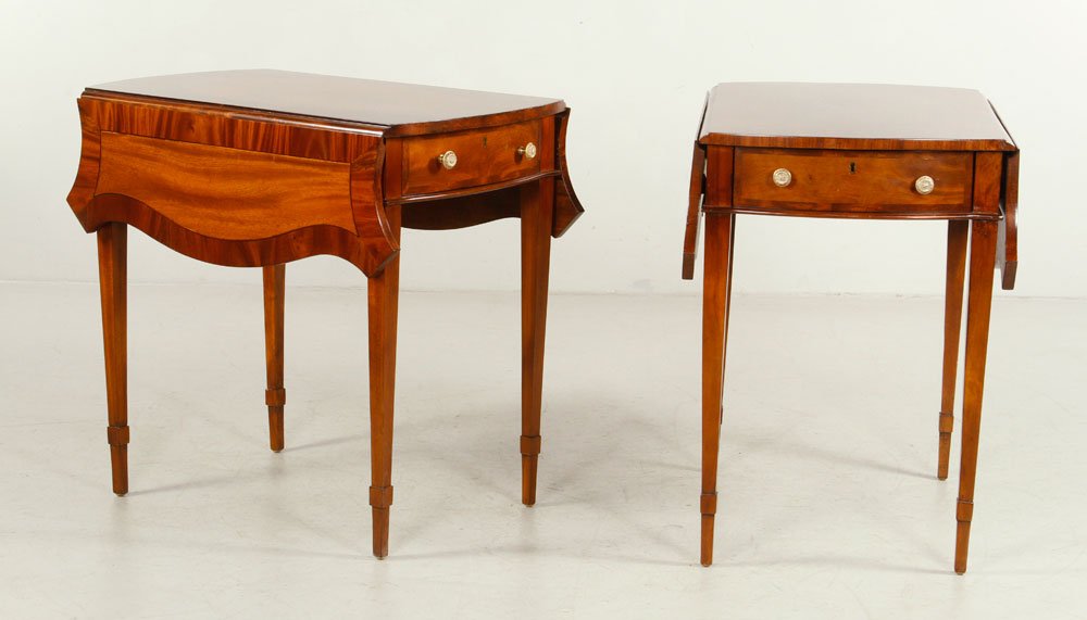 Pr. Regency Style Drop Leaf Pembroke Tables: Pair of Regency style drop leaf Pembroke tables, inlaid mahogany and satinwood, 28" h x 20" w x 29 1/2" d. Provenance: From a New York collection.