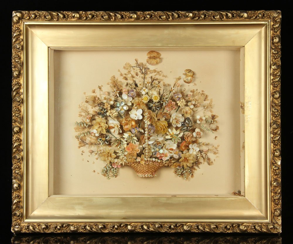 Victorian Seashell Basket in Shadow Box Frame: Victorian seashell basket in shadow box frame, 24" h x 29" w. Provenance: From a California estate.