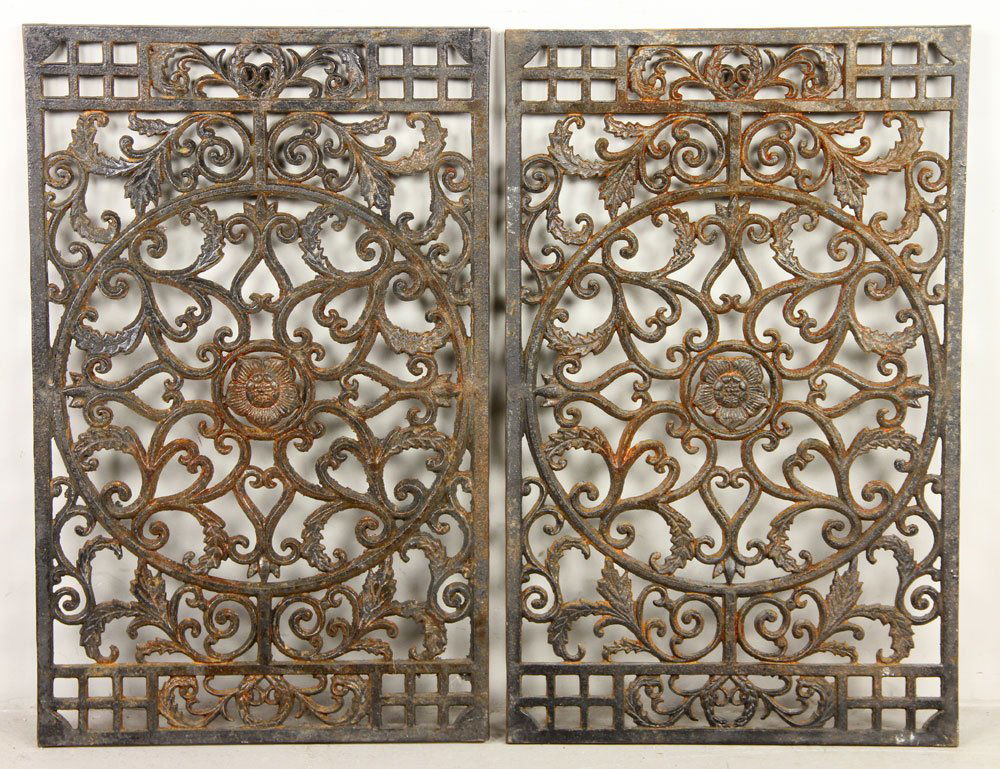 Pr. Antique Cast Iron Window Grates: Pair of antique cast iron window grates, 28 5/8" h x 18 1/8"w. Provenance: From a California estate.
