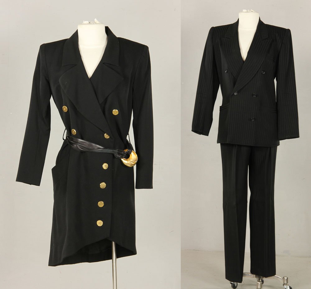 Yves Saint Laurent Black Coat Dress and Pant Suit: Yves Saint Laurent black double breasted coat dress and pant suit. Provenance: From a Massachusetts estate.