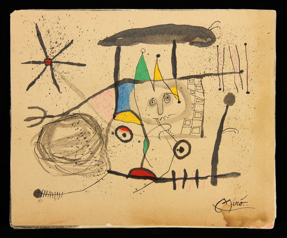 Miro, Abstract Horn Player, Watercolor: Joan Miro, abstract horn player, watercolor, 1947, with Pace Wildenstein label verso, 8" h x 9 1/2" w. Provenance: From a New York collection.