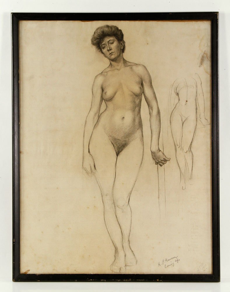 Hansen, "Evening Life," Drawing: Hans Peter Hansen, "Evening Life," pencil drawing on hand-laid paper, portrait of a nude female, signed lower left, 25" h x 20" w (overall). Provenance: From a Massachusetts private collector.