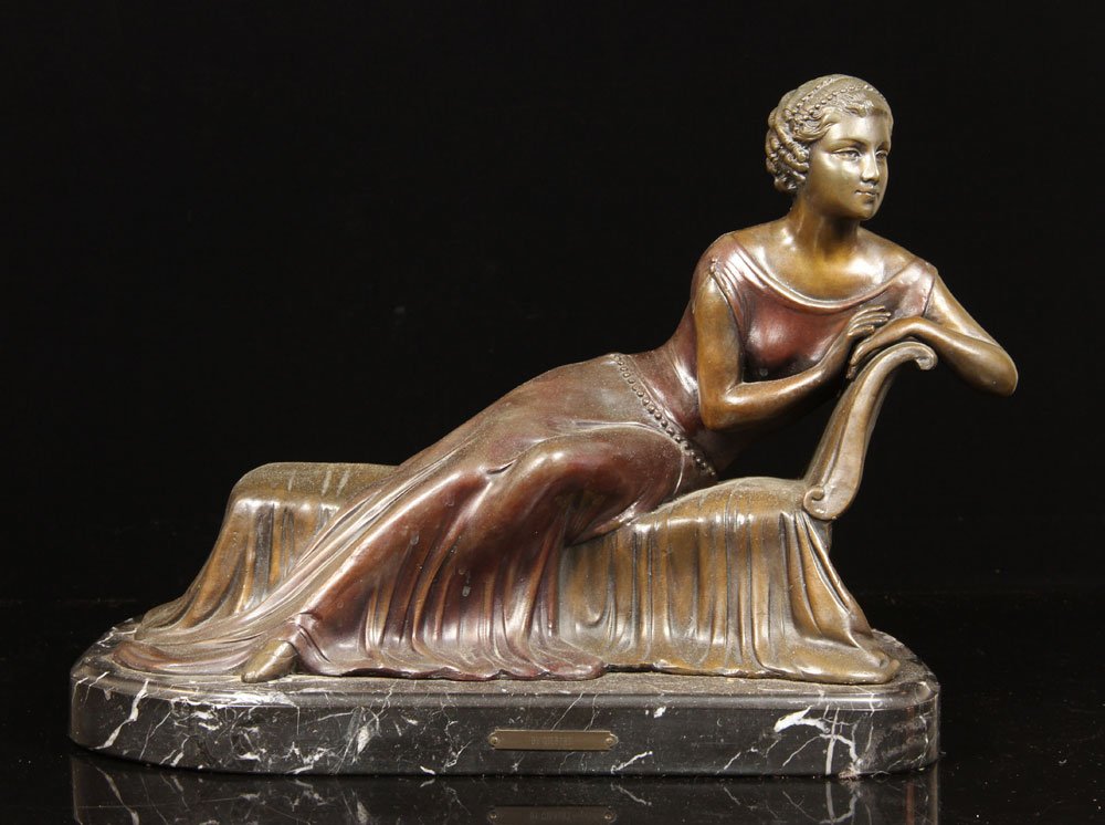 1920's Bronze Sculpture of Woman: 1920's style sculpture depicting a reeling woman, bronze, labeled "By Gilbert," on black marble base, 14 1/2" h x 18" w. Provenance: from the private collection of a Newport Beach, California universi