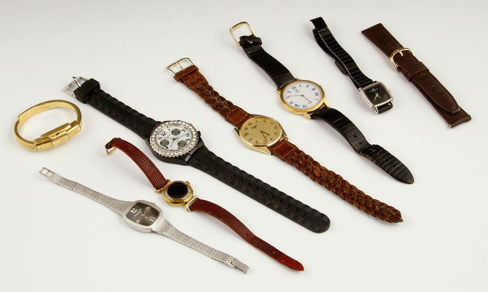 Lot of Seven Watches: Lot of seven non-gold watches, to include Bolsar quartz, Christ quartz, Sophie quartz, Baume and Mercier, Favre Leuba, Juvenia skeleton, and enameled Heno.