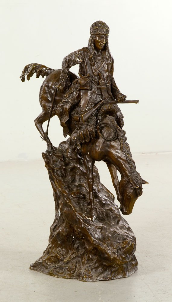 After Remington, Mountain Man, Bronze: After Frederic Remington, mountain man, bronze, 32" h x 15 1/2" w. Provenance: From a Massachusetts estate.