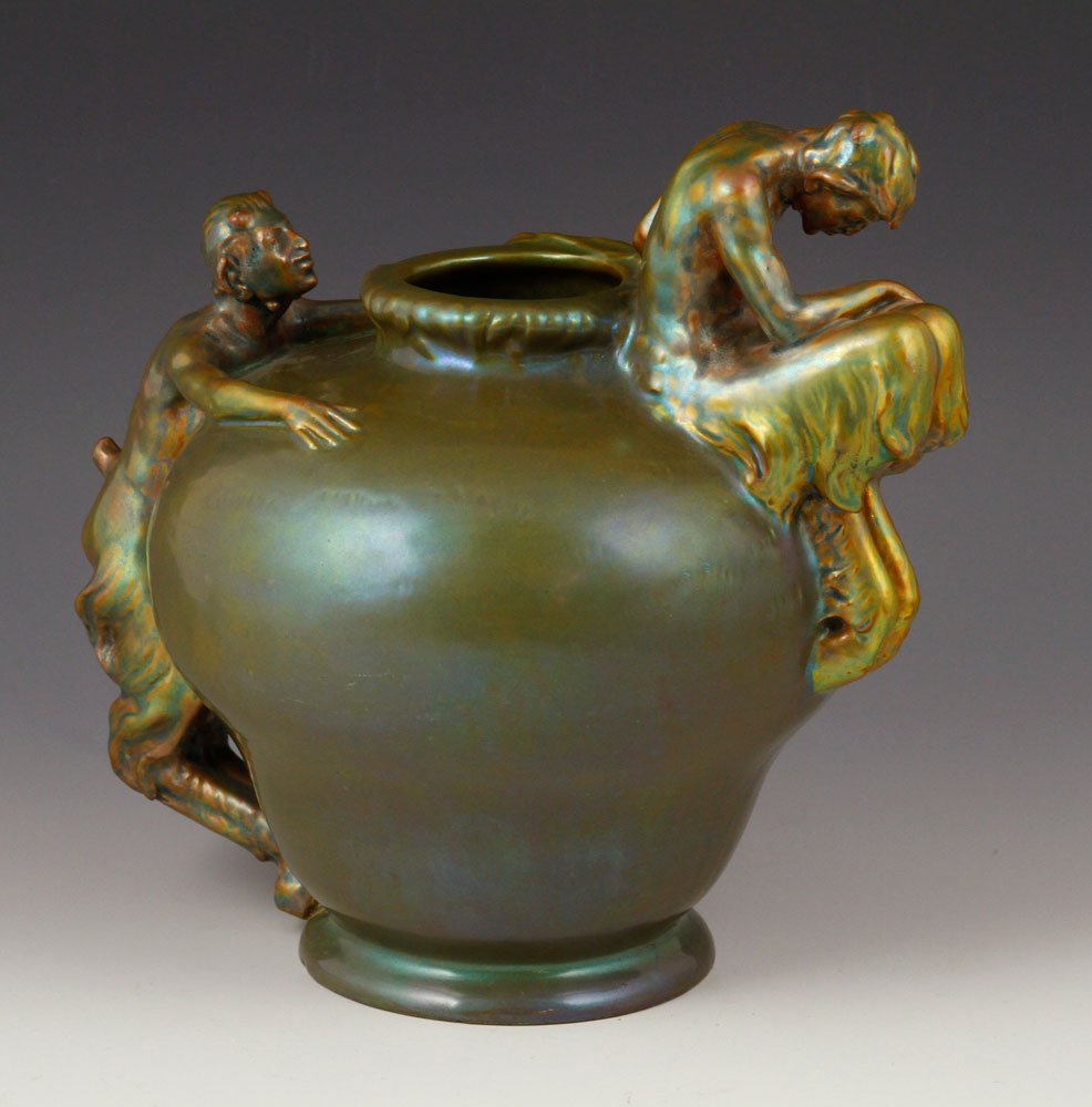 Zsolnay Glazed Figural Vase: Zsolnay figural vase, glazed, base marked, 9" h x 9" w. Provenance: From a California estate.