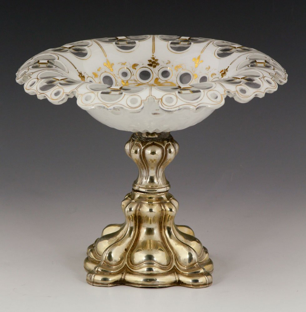 Russian Centerpiece with Silver Base: Russian centerpiece, with cut glass overlay, base tests silver, 7 1/2" h x 8 1/2" dia. Provenance: From a Massachusetts estate.