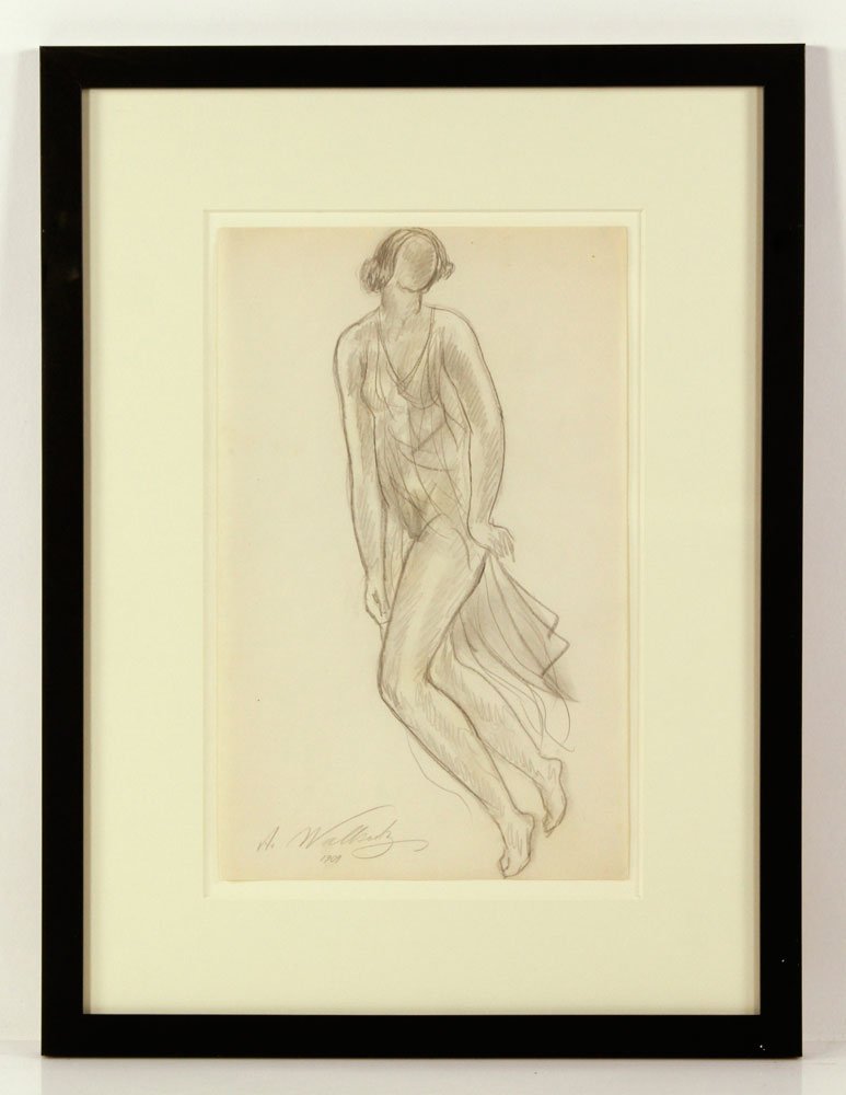 Walkowitz, Isadora Duncan, Drawing: Abraham Walkowitz (American, 1878-1965), Isadora Duncan, pencil drawing, showing woman in flowing dress; 13" h x 8" w (view), 20" h x 15" w (frame). Provenance: From a New York collection.