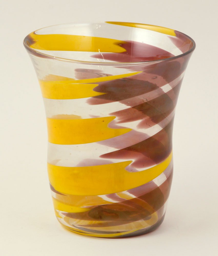 Scarpa for Venini, "Pennellate" Glass Vase: Carlo Scarpa (Italian, 1906-1978), "Pennellate" vase, clear glass, with fused ribbons in yellow and purple, made by Venini & Company, circa 1947, signed "Venini Murano," 6" h x 5 1/8" dia (at top). Pr