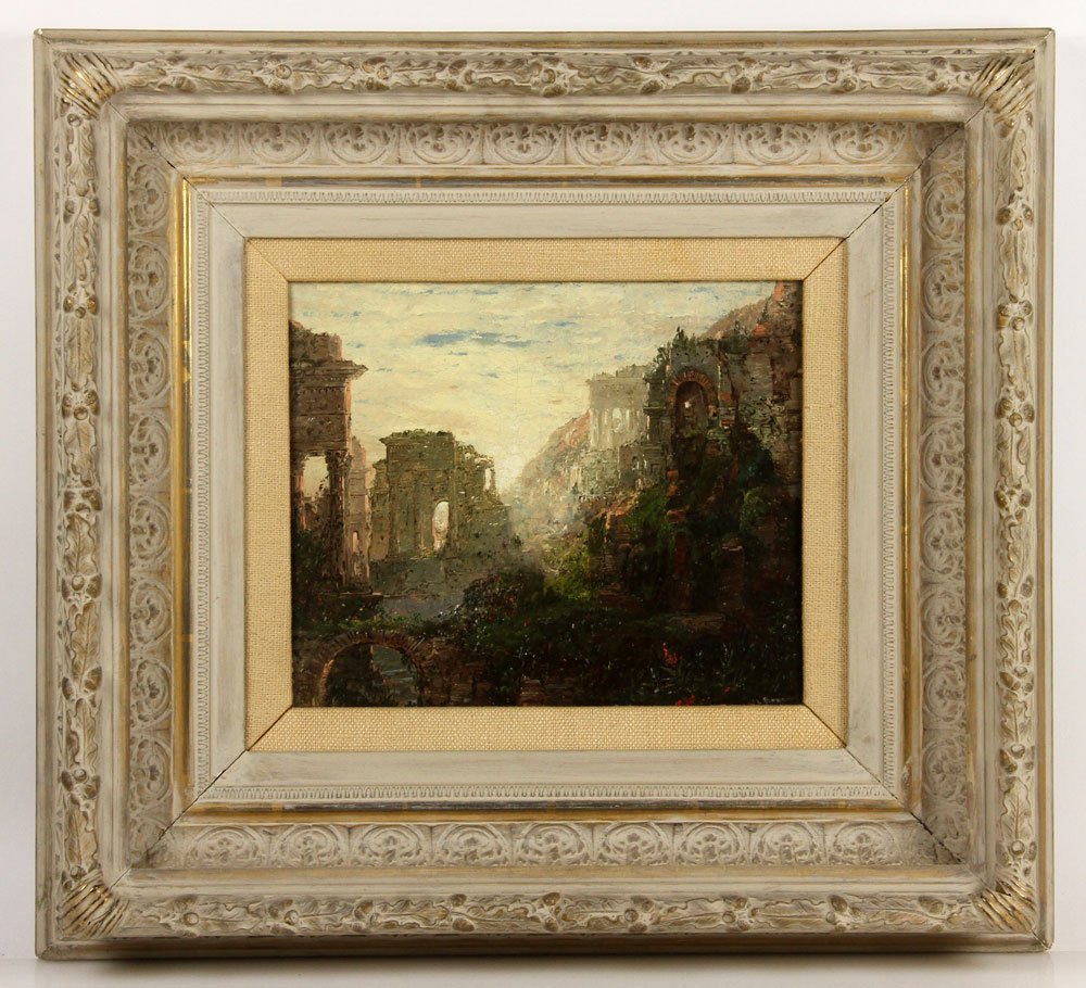 Sonntag, Classical Ruins, Oil on Canvas: William Louis Sonntag, Sr. (American, 1822-1900), classical ruins, oil on canvas, signed, label reads "Goldfield Gallery, 8400 Melrose Ave., Los Angeles," in 19th century frame; 10" h x 12 1/4" w (vie