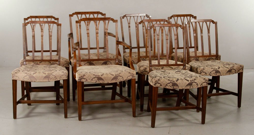 Set of 10 Hepplewhite Style Dining Chairs: Set of ten Hepplewhite-style dining chairs, to include: two armchairs and eight side chairs; 37" h x 24" w x 23" d. Provenance: From a Massachusetts estate.