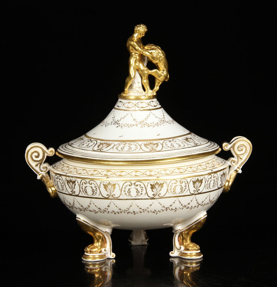19th C. Capodimonte Covered Tureen: Capodimonte covered tureen, early 19th century, with figural top, 14 1/2" h x 13 1/2" l. Provenance: From a California estate.