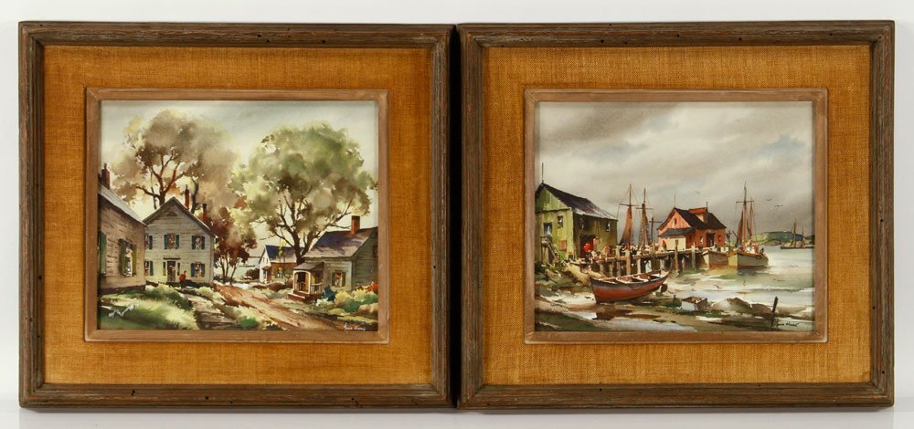 Hare, 2 Watercolor Paintings: John Cuthbert Hare (American, 1908-1978), lot of two paintings, watercolor, to include: maritime scene and landscape; both measuring 10" h x 12" w (view), 15" h x 17" w (frame). Provenance: From a Mas