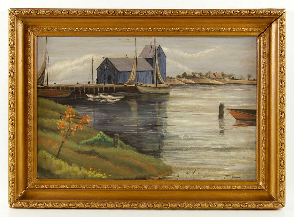 Kerry, Blue Boat House, Oil on Panel: Thomas Kerry (American, 20th century), blue boat house, oil on panel, signed "Tom Kerry"; 15" h x 23" w (view), 20" h x 28" w (frame). Provenance: From a Massachusetts estate.