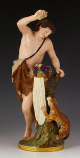 Porcelain Figure of Bacchus: Figure of Bacchus, porcelain, showing Bacchus or Dionysus in classic dress with leopard, 13 1/2" h x 6" w. Provenance: From a California estate.