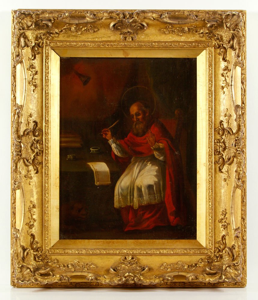 18th C. Portrait of a Saint, Oil on Canvas: 18th century portrait of a saint, oil on canvas, European, in gilt frame; 16 1/2" h x 12 1/2" w (view), 25" h x 21" w (frame). Provenance: From the estate of the late Harry Reed Everson, an avid colle