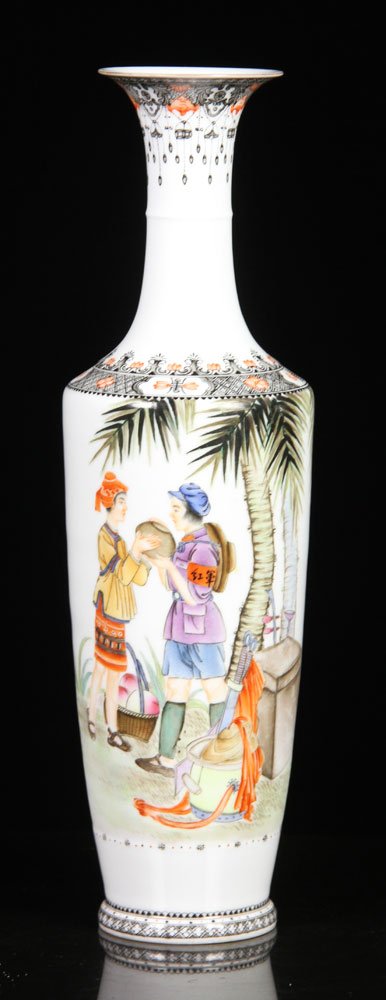 Chinese Famille Rose Vase: Chinese famille-rose vase, porcelain, decorated with image of performance and floral motif, signed Wang Xiaofan, manufacturer's mark on base, 13 3/4" h. Provenance: From a Massachusetts estate.