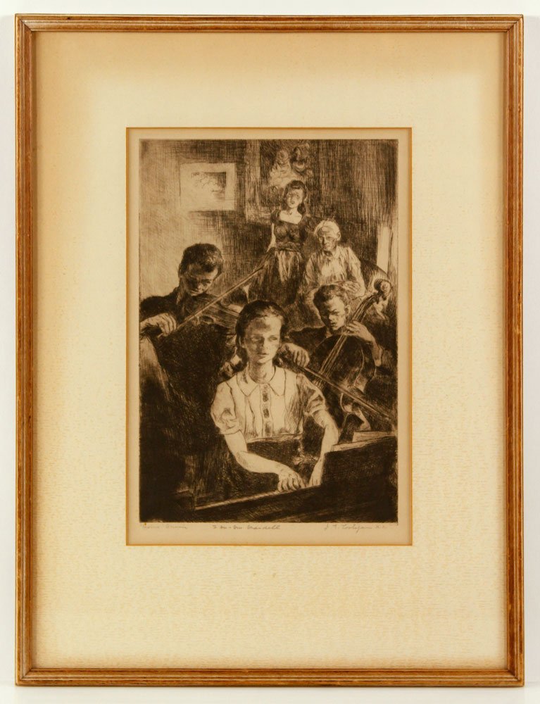 Costigan, "Home Musicians," Etching: John Edward Costigan (American, 1888-1972), "Home Musicians," etching, signed; 13" h x 9" w (view), 21" h x 15 1/2" (frame). Provenance: From a Massachusetts estate.