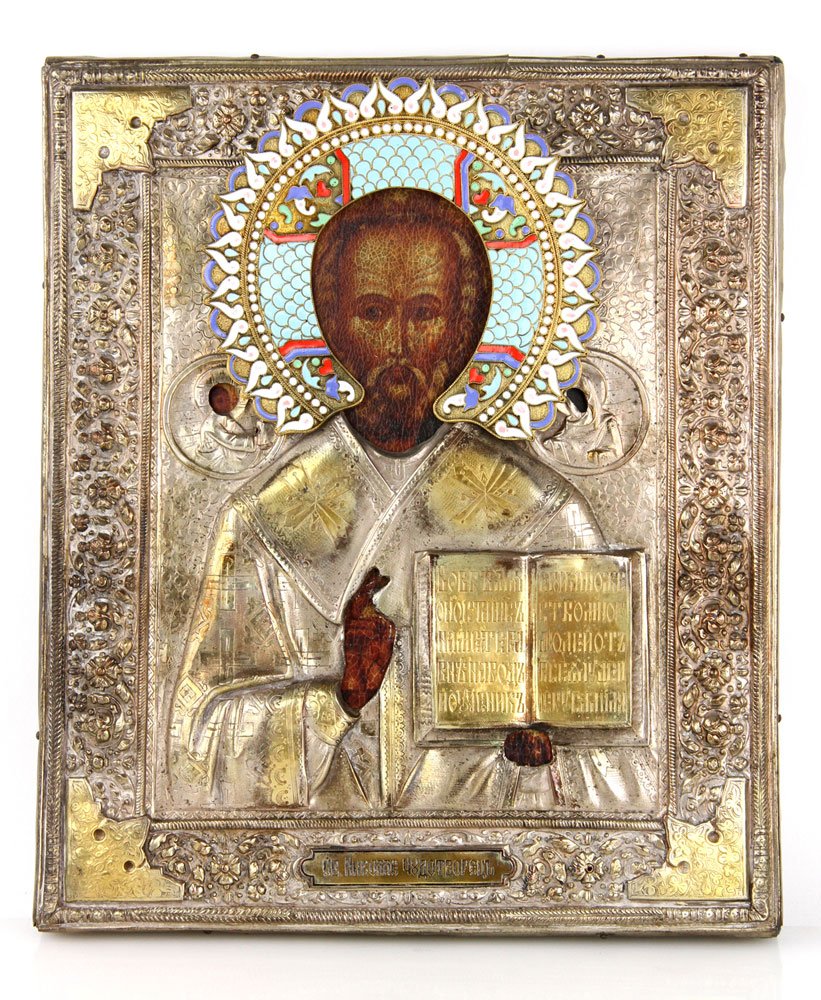 19th C. Russian Silver Plate Icon: Late 19th century Russian icon, silver plate and cloisonne riza over printed surface, depicting Saint Nicholas of Myra, marked on edge with L. O. over 1893 for assayer Lev Fedorovich Oleks, Saint Geor