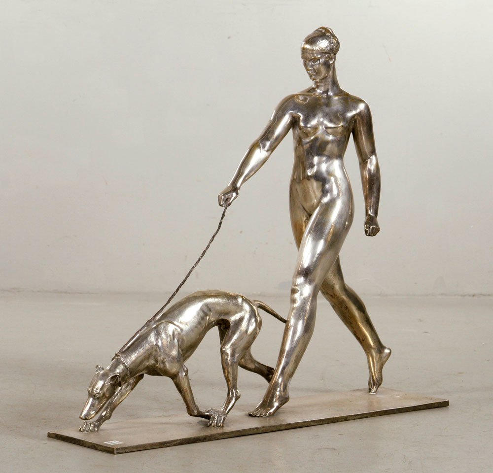 Rivoire, Susse Freres Eviteures, Bronze Sculpture: Raymond Leon Rivoire (French, 1884-1966), Susse Freres Eviteures Paris, sculpture of a woman walking dog, silvered bronze, base marked, 29" h x 32" l x 7 1/2" w. Provenance: From a Florida estate.