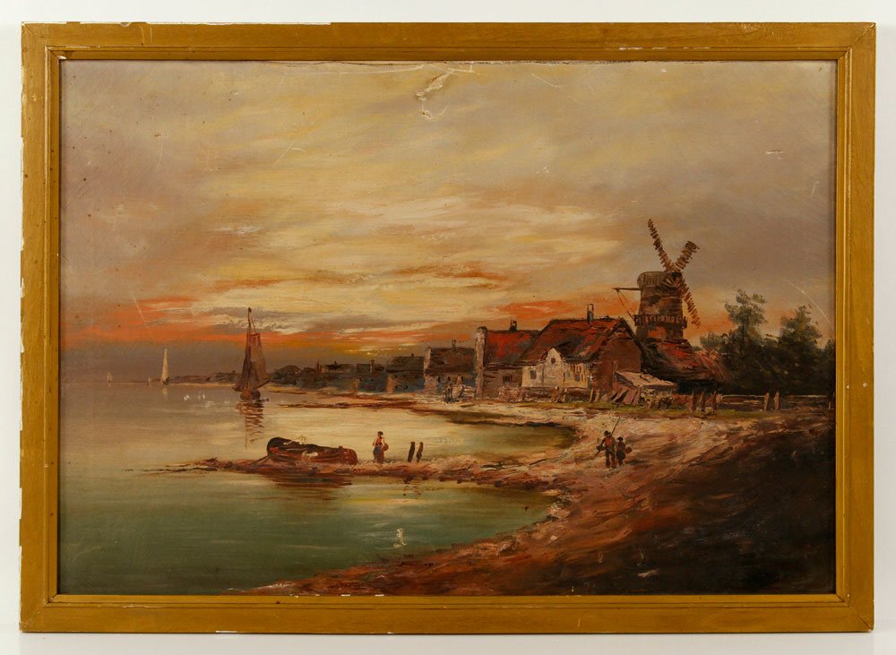 Dutch School, Harbor Scene, Oil on Canvas: Dutch School, harbor scene, oil on canvas, late 19th to early 20th century, signed indistinctly lower right; 18" h x 26" w (view), 20" h x 28" w (frame). Provenance: From a Massachusetts estate.