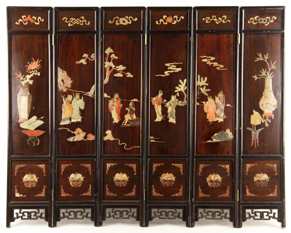 Chinese Coromandel Folding Screen: Coromandel folding screen, Chinese, six panels, decorated with applied designs of vases and figures; 42" h with panels each measuring 8 3/4" w. Provenance: From the estate of Arthur R. Errion, M.D., o