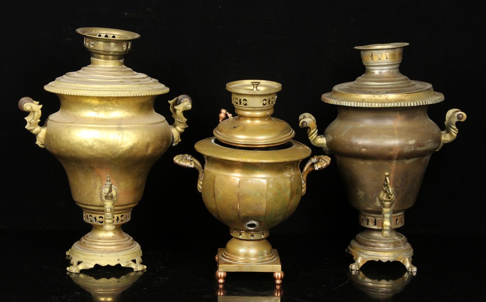 Lot of 3 Samovars: Lot of three samovars, to include: number 9, maker illegible with early double eagle, 14 1/2" h x 12" w, 8 1/2" dia; number 13, made by Kapyrzin (brothers: Ivan and Alexsey Fedorovich), 18" h x 12 3/4