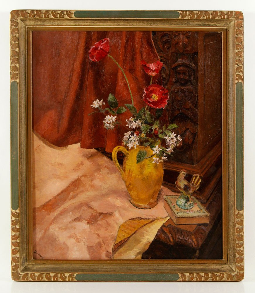 Quincy, Still Life with Flowers, Oil on Canvas: Edmund Quincy (French, 1903-1997), still life with flowers, oil on canvas; 24" h x 20" w (view), 28" h x 24" w (frame). Provenance: From a Massachusetts estate.