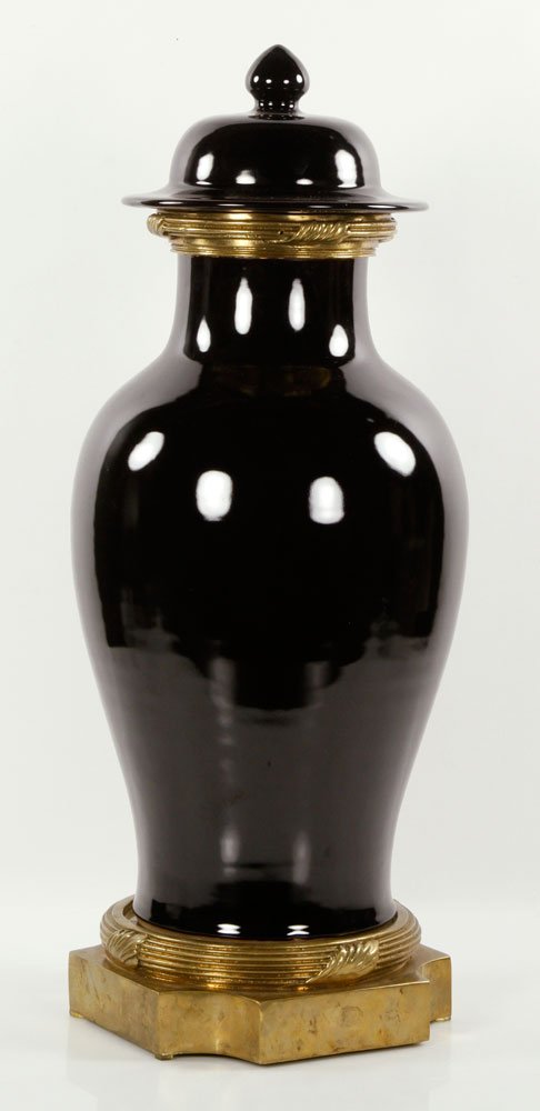 Onyx Covered Jar with Ormolu Accents: Onyx covered jar, with ormolu accents and base, 26" h x 9" dia. Provenance: From a New York collection.