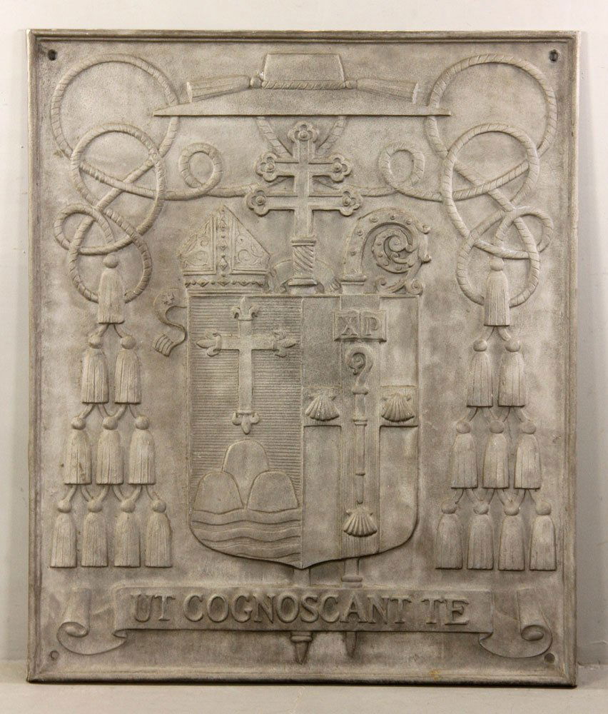 Cardinal Cushing Coat of Arms Plaque: Cardinal Cushing coat of arms plaque, cast aluminum, 48" h x 40" w. Provenance: From a Massachusetts estate.