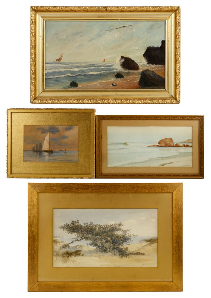 Lot of 4 Paintings, Watercolor and Oil on Canvas: Lot of four paintings, to include: Charles Parsons (American, 1821-1910), watercolor, signed; Edin Harvey, watercolor, signed; C. Myron Clark (American, 1858-1925), watercolor, signed; and seascape, o