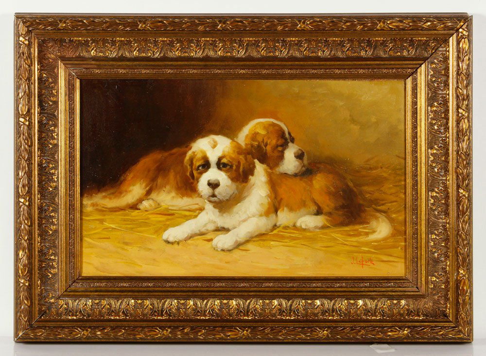 Lefort, St. Bernard Puppies, Oil on Board: Jean Lefort (French, 1875-1954), two Saint Bernard puppies, oil on board; 12" h x 19 1/2" w (view), 19" h x 27" w (frame). Provenance: From a Florida collection.