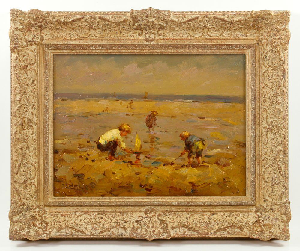 Lefort, Beach Scene, Oil on Board: Jean Lefort (French, 1875-1954), beach scene, oil on board; 12" h x 16" w (view), 18 1/2" h x 22 1/2" w (frame). Provenance: From a Florida collection.