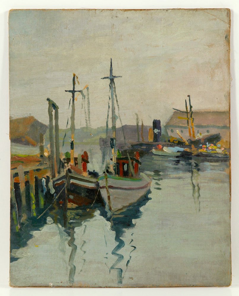 Attr. Peterson, Boats Docked in Gloucester, Oil on: Attributed to Jane Peterson, boats docked in Gloucester, oil on canvas mounted on artist board, unsigned, 14" h x 11" w. Provenance: From the estate of the late Harry Reed Everson, an avid collector, 
