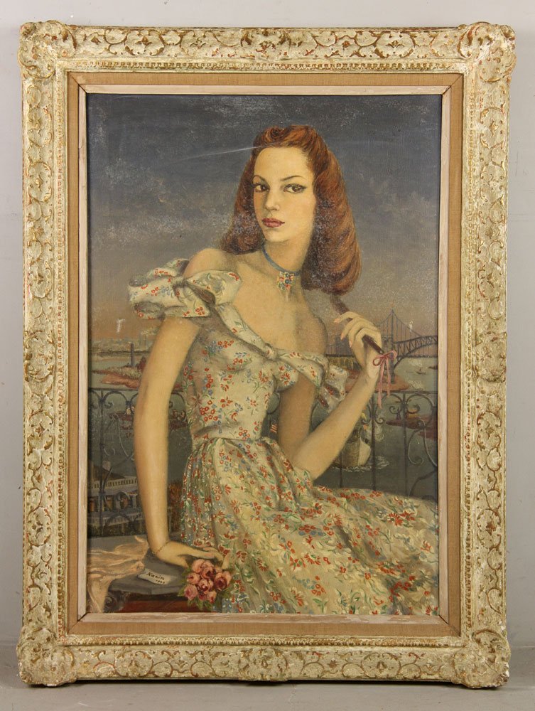 Karin, View of New York City with Woman, Oil on canvas: Karin, view of New York City with woman, oil on canvas, signed and dated "'44" lower left; 36" h x 44" w (view), 43" h x 32" (frame). Provenance: From the estate of the late Harry Reed Everson, an avi