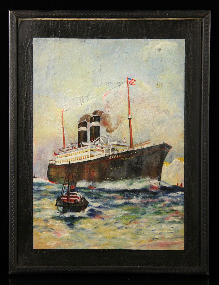 Morton, The Steamship Pennland, Oil on Board: S. Morton, the steamship Pennland, oil on canvas board, signed and dated "'22," 17" h x 12" w. Provenance: From the estate of the late Harry Reed Everson, an avid collector, from Marblehead, MA.