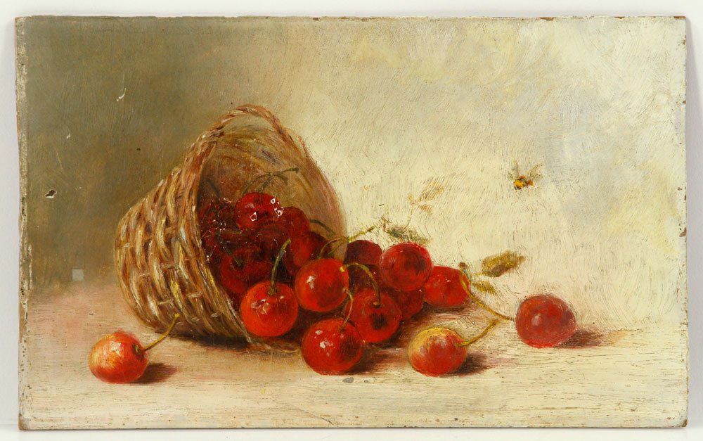 19th C. American School, Cherries in Basket, Oil on: American School, cherries in basket, oil on artist panel, 19th century, 6 1/4" h x 10" w. Provenance: From the estate of the late Harry Reed Everson, an avid collector, from Marblehead, MA.