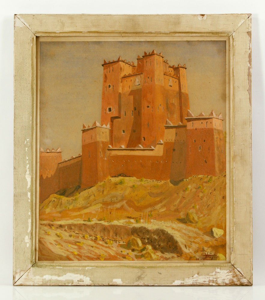 Vaugier, "Casbah A Quarzatat," Watercolor Gouache: Vaugier, "Casbah A Quarzatat (Morocco)," watercolor gouache, signed and dated "18.1.51" lower right; 18 1/4" h x 15 1/4" w (view), 22 1/2" h x 19 1/2" w (frame). Provenance: From the estate of the lat