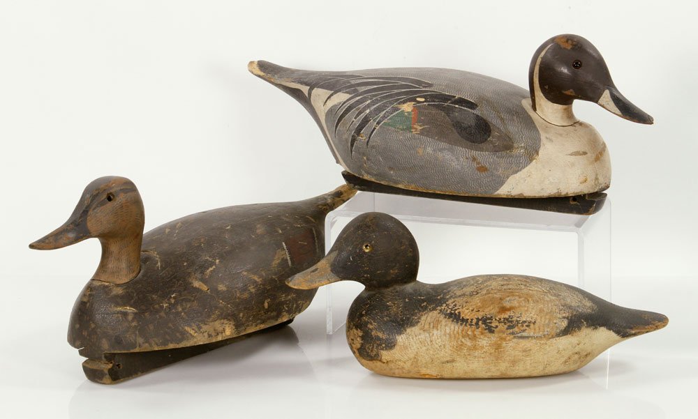Harris, Lot of 3 Duck Decoys: Ken Harris (American, 1905-1981), lot of three early duck decoys, painted, signed "Ken Harris, Woodville, NY," 18" l (longest). Provenance: From the estate of the late Harry Reed Everson, an avid coll