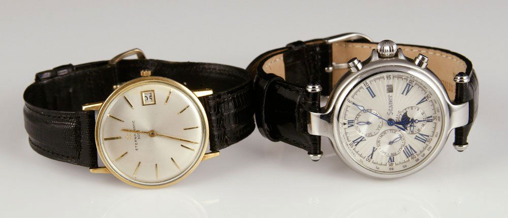 Lot of 2 Men's Wristwatches: Lot of two men's wristwatches, to include: one Eterna Matic 3000 wristwatch, 14K gold, numbered 4979937; and one Stauer wristwatch, with stainless steel back. Provenance: From the estate of the late H