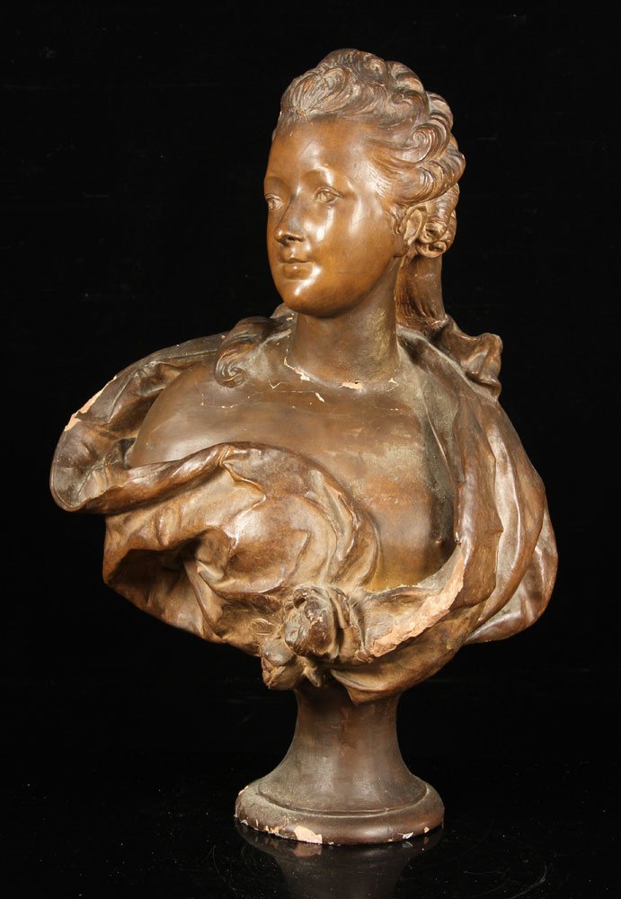 19th C. Bust of a Woman, Terracotta: French bust of a woman, terracotta sculpture, 19th century, 28" h x 18" w. Provenance: From the estate of the late Harry Reed Everson, an avid collector, from Marblehead, MA.