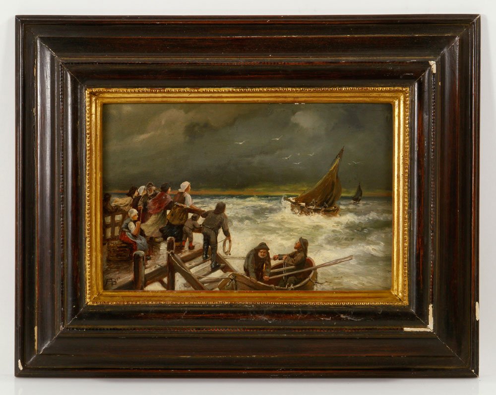 Ships in a Stormy Sea, Oil on Board: Ships in a stormy sea, oil on board, initialed indistinctly lower left; 7" h x 10 1/2" w (view), 13 3/8" h x 17 1/8" w (frame). Provenance: From the estate of the late Harry Reed Everson, an avid coll