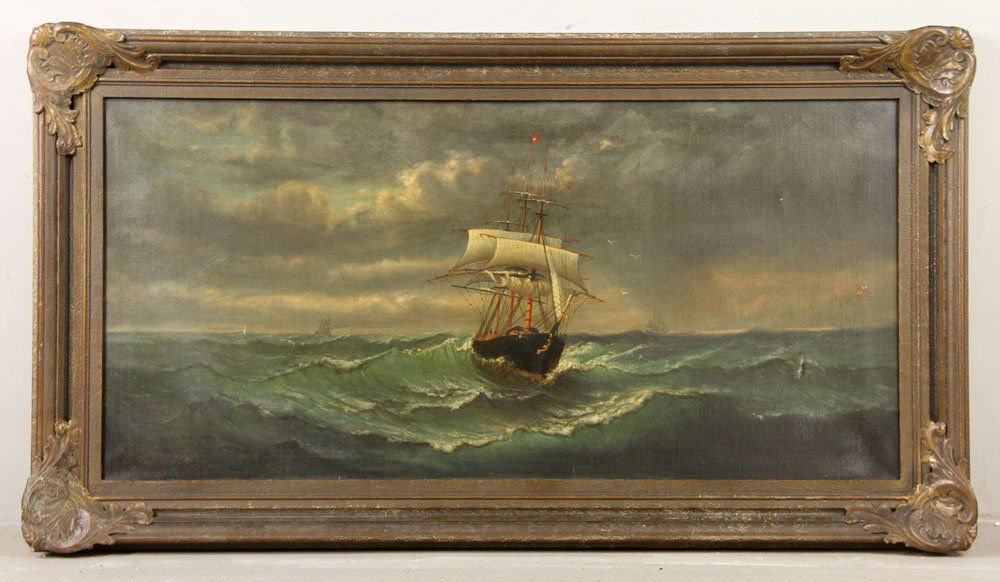 Ship in a Stormy Sea, Oil on Canvas: Ship in a stormy sea, oil on canvas, unsigned; 20" h x 41" w (view), 26 1/2" h x 47 3/4" w (frame). Provenance: From the estate of the late Harry Reed Everson, an avid collector, from Marblehead, MA.