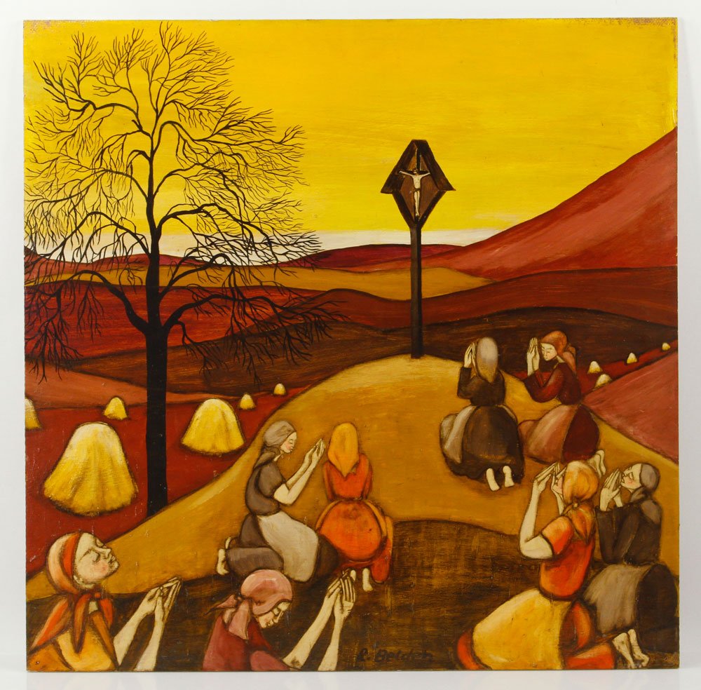 Belden, Prayers, Oil on Panel: Rosemarie Belden (American, 1937 - ), prayers, oil on wood panel, signed, 24" h x 24" w. Provenance: From the estate of the late Harry Reed Everson, an avid collector, from Marblehead, MA.