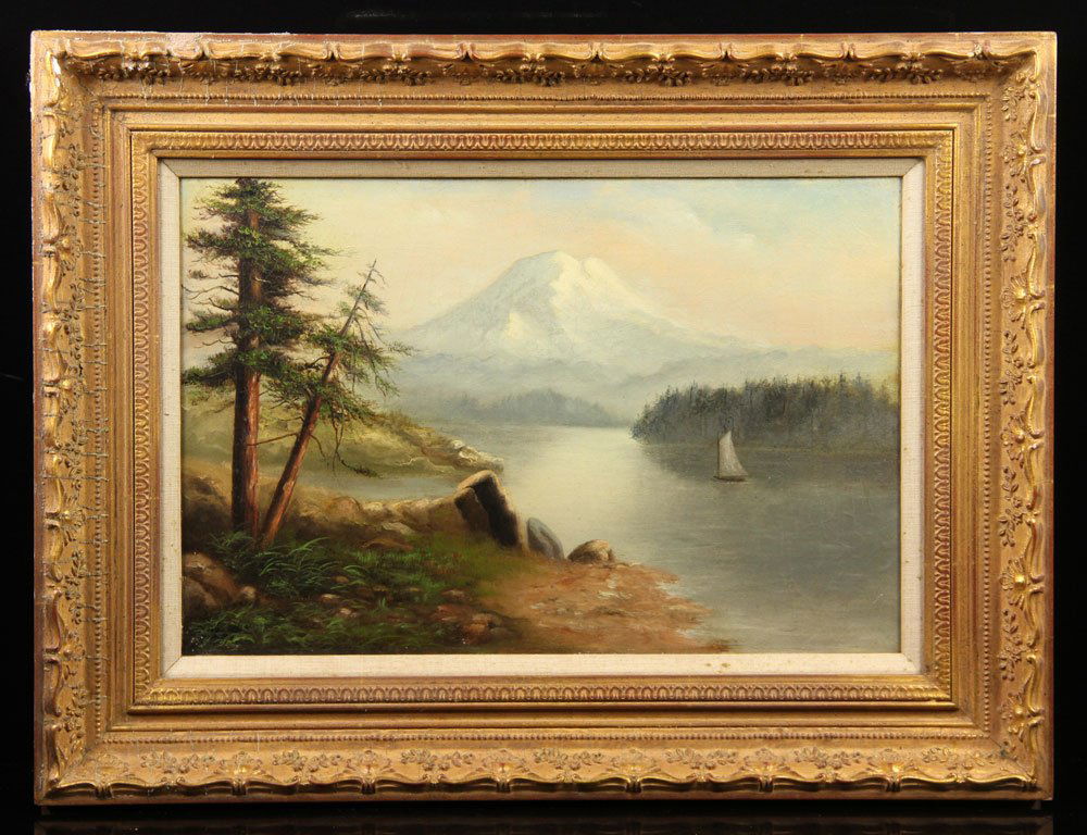 19th C. Mountain Lake Scene, Oil on Canvas: Mountain on lake scene, oil on canvas, unsigned, 19th century; 12" h x 18 1/4" w (view), 18 1/4" h x 24 1/4" w (frame). Provenance: From the estate of the late Harry Reed Everson, an avid collector, f
