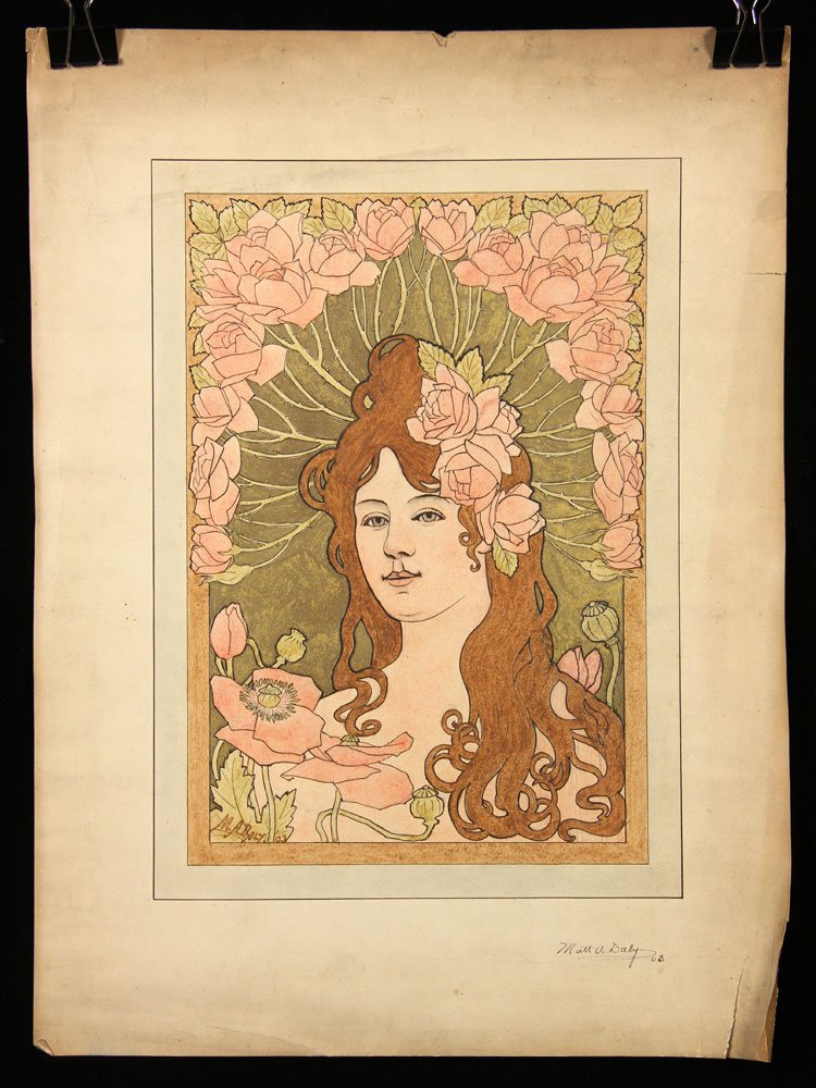 Daly, Woman with Roses, Watercolor: Matthew A. Daly (American, 1860-1937), woman with roses in her hair, watercolor on artist paper, signed and dated "1903," 14" h x 10" w. Provenance: From the estate of the late Harry Reed Everson, an 