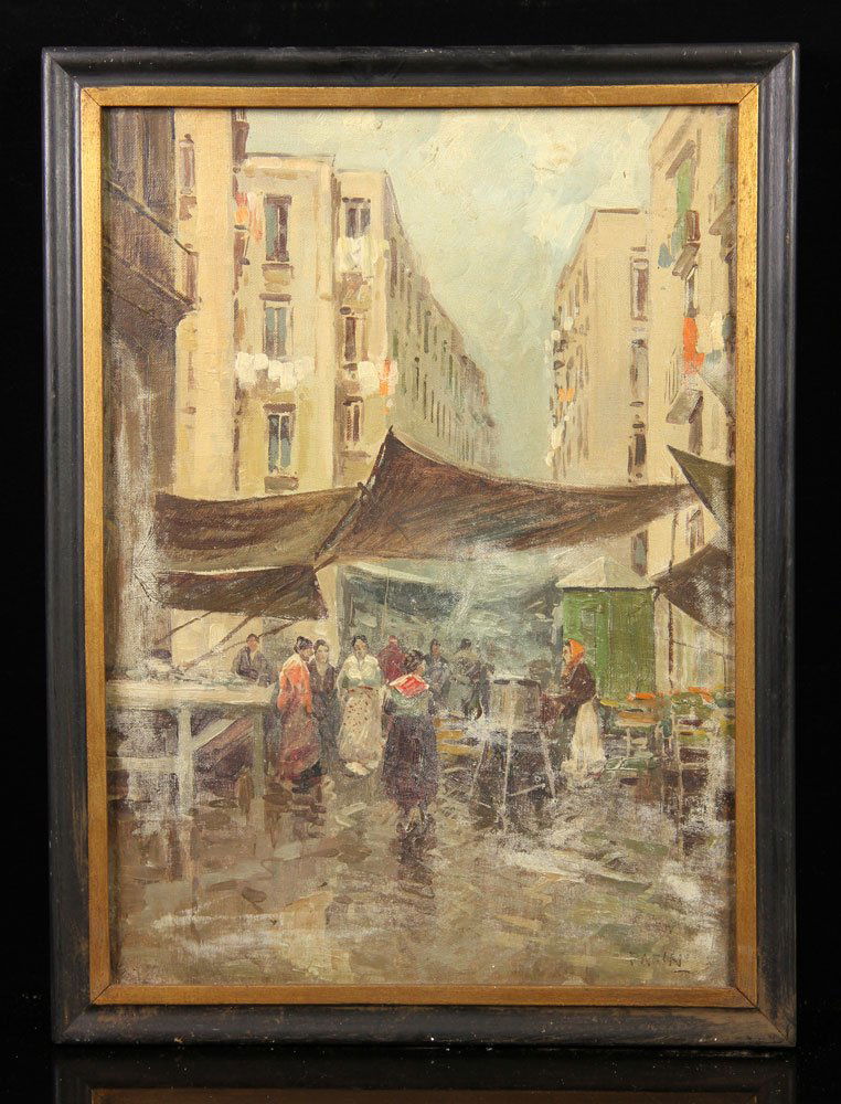 Pasini, Market Scene, Oil on Canvas: Pasini, market scene, oil on canvas, signed lower right; 15 1/8" h x 10 7/8" w (view), 16 5/8" h x 12 1/2" w (frame). Provenance: From the estate of the late Harry Reed Everson, an avid collector, fro
