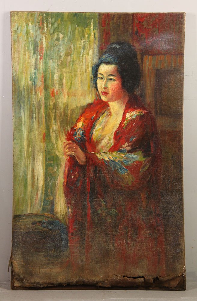 Portrait of a Woman, Oil on Canvas: Portrait of a woman, oil on canvas, unsigned, unframed, 44 1/4" h x 28" w. Provenance: From the estate of the late Harry Reed Everson, an avid collector, from Marblehead, MA.